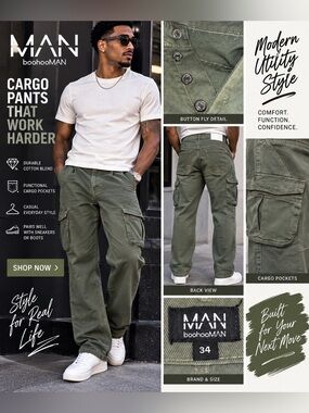 Boohoo Olive Green Cargo Pants - Men's Utility Trousers 34/30